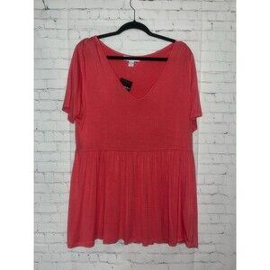 Forever 21 Womens Coral Short Sleeve V Neck Top Babydoll Blouse 2X 2XL